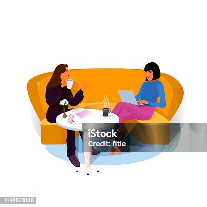 istock Happy young people drinking coffee together at lunch flat illustration. Meeting of company employees at office for work. 1448821008