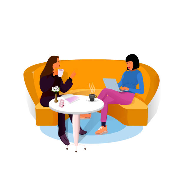 Happy young people drinking coffee together at lunch flat illustration. Meeting of company employees at office for work. vector art illustration