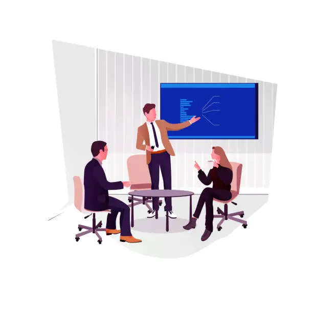 Vector illustration of Presentation in Multi-Ethnic Office Conference Room. Meeting of Diverse Young Entrepreneurs, Specialists, Talking, Using TV for infographics. Businesspeople Develop e-Commerce Startup