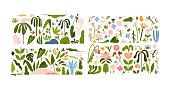 istock Hand drawn vector abstract clipart illustrations collection set of composition with abstract doodle nature shapes of blossom flowers and tropical leaves elements.Modern nature design concept art. 1448822276