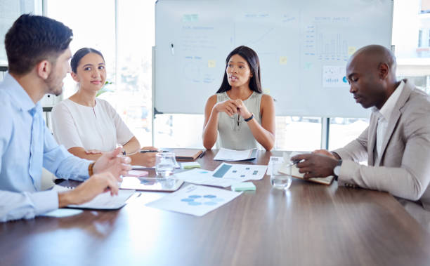 istock Teamwork, leadership or project management meeting for collaboration, planning strategy or finance report data analysis. Creative, finance consulting or team working on kpi growth review or mission 1448822329