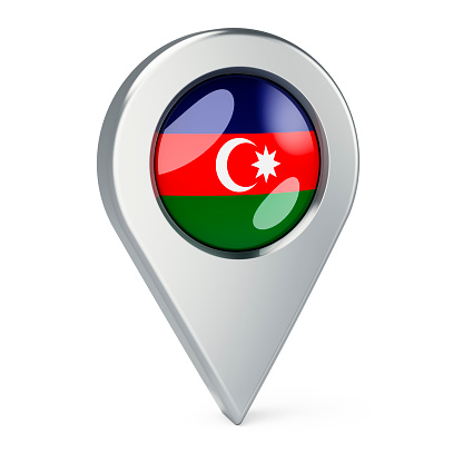Map pointer with flag of Azerbaijan, 3D rendering isolated on white background