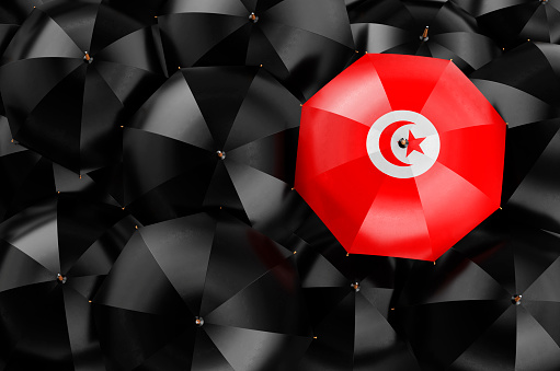 Umbrella with Tunisian flag among black umbrellas, top view. 3D rendering