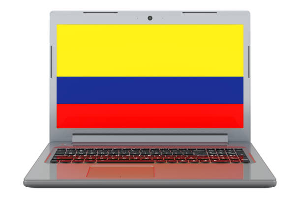 Colombian flag on laptop screen. 3D illustration isolated on white background
