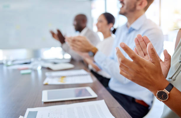 istock Teamwork training, hands and applause team in presentation, business meeting or office workshop. Diversity employees, motivation or people success for innovation or company goal or target with paper 1448823964