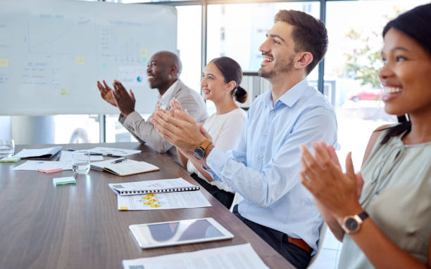 istock Team presentation success, company applause or happy workers with support, smile or motivation in office. Team building, collaboration or diversity for award on creative strategy or marketing growth 1448823970