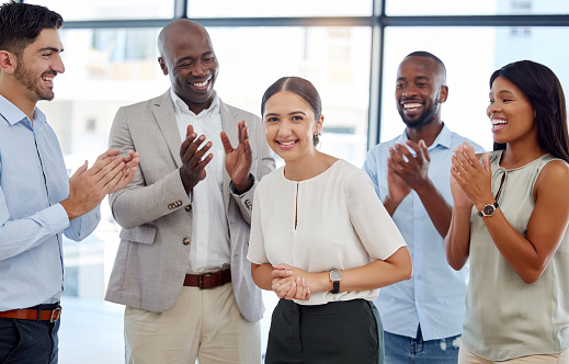 Business, team hands celebration and office woman worker happy with teamwork and success. Portrait of employee motivation, support and working community of a corporate company crowd clapping