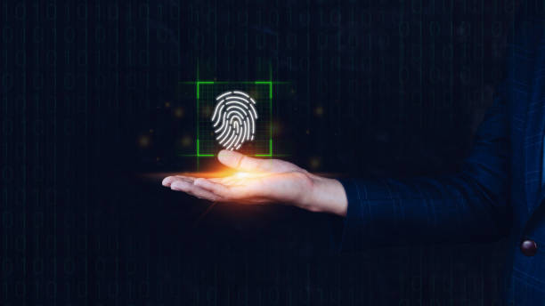 istock Businessman using showing scanning fingerprint, Biometric identity and authorization futuristic concept of password security and control through fingerprint in future. 1448825612