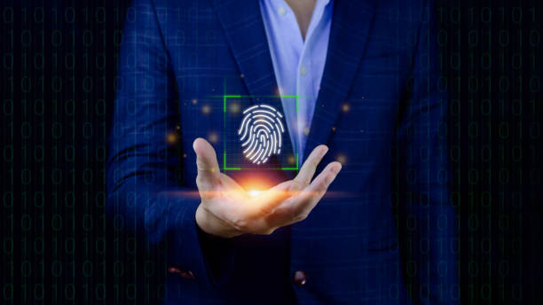 istock Businessman using showing scanning fingerprint, Biometric identity and authorization futuristic concept of password security and control through fingerprint in future. 1448825626