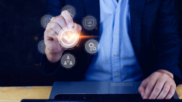 istock Quality management with Quality assurance or QA and Quality control or QC and improvement. Standardization and certification concept. compliance to regulations and standards. concept with manager. 1448825707