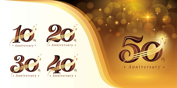 Set of 10 to 50 years Anniversary logotype design, Ten to Fifty years Celebrating Anniversary Logo, Gold curved lines Star Elegant Classic Logo, 10,20,30,40,50, Luxury and Retro Serif Number Letters,