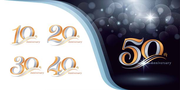 illustrazioni stock, clip art, cartoni animati e icone di tendenza di set di design del logotipo dell'anniversario da 10 a 50 anni, da dieci a cinquant'anni che celebrano il logo dell'anniversario, argento e oro elegante celebrazione del logo classico, - number 10 immagine