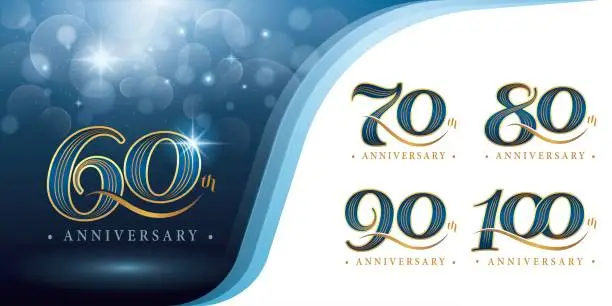 Vector illustration of Set of 60 to 100 years Anniversary logotype design, Sixty to Hundred years Celebrating Anniversary Logo, Blue and Gold Elegant Classic Logo Celebration