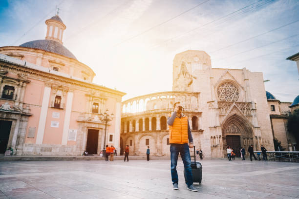 istock Solo traveller visiting Valencia, Plaza de la Virgen 1448836866