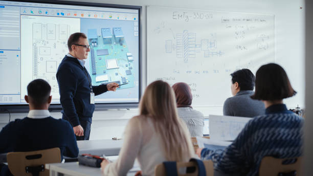istock Confident Male Teacher Using Digital Interactive Screen, Talks to Group of Diverse Engineering Students and Showing 3D Printed Circuit Board Model. Education and High Tech Concept. 1448836974
