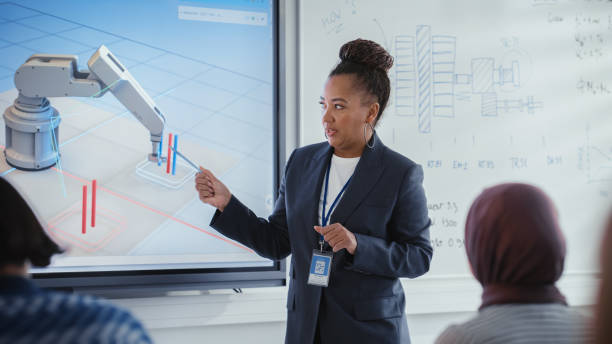 istock Teacher Giving a Lesson to Diverse Students and Pointing at Robotic Hand, Fluctuations of Data in Charts on Interactive Whiteboard in University Classroom. Robotic Engineering Education Concept. 1448837173