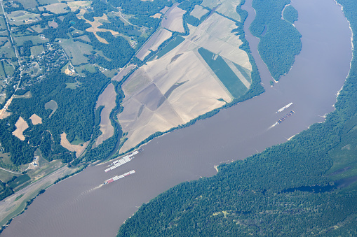 Aerial view of barges on Mississippi River near Cape Girardeau, MIssouri
