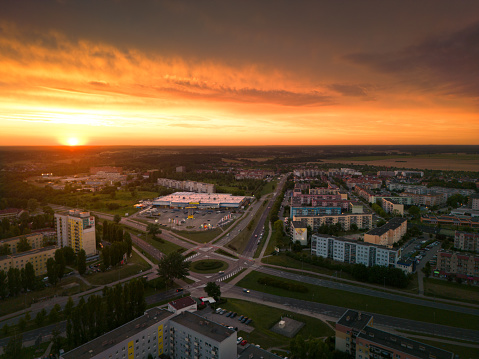 City during sunset, drone view