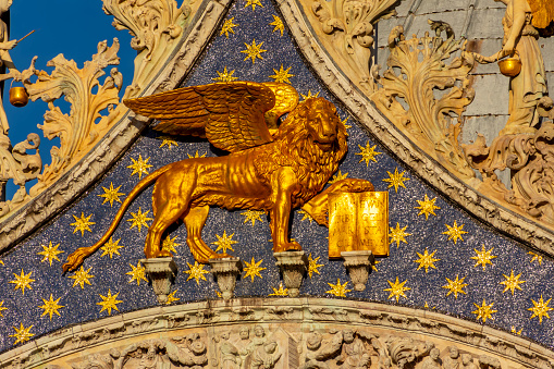 Winged lion sculpture (symbol of Venice) in center of Venice, Italy