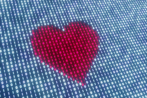blocos binários digitais formam a forma de um coração vermelho. ilustração do conceito de aplicativo de namoro on-line e golpes de romance e vigaristas relacionados a ele - internet dating dating togetherness internet - fotografias e filmes do acervo