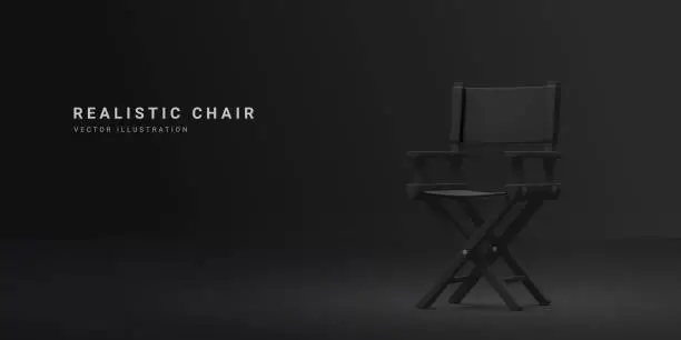 Vector illustration of 3d realistic black director chair isolated on dark background. Vector illustration