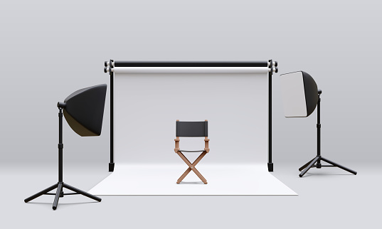 3d realistic interior of modern photo studio with chair and professional lighting equipment. Empty photography studio with spotlights. Vector illustration.