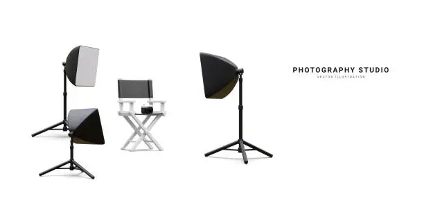 Vector illustration of 3d realistic interior of modern photo studio with chair, camera and professional lighting equipment. Empty photography studio with spotlights. Vector illustration