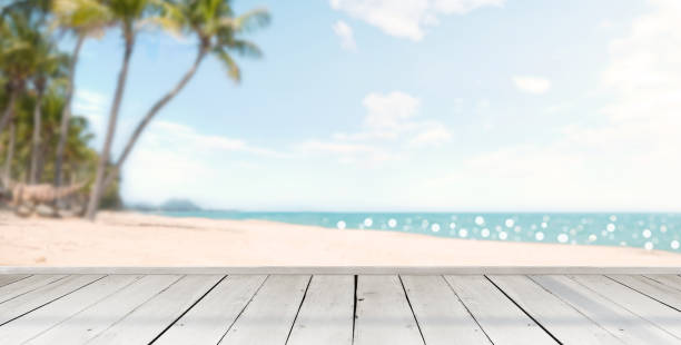 istock Empty wooden on blurred tropical sea and sky background 1448855228