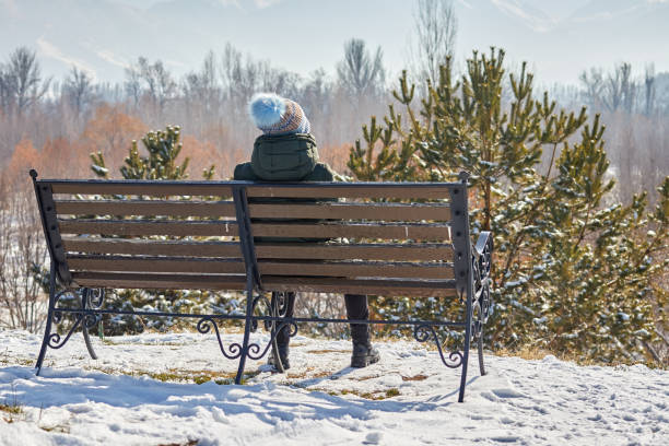 rear view of a woman sitting on a bench in a snowy park