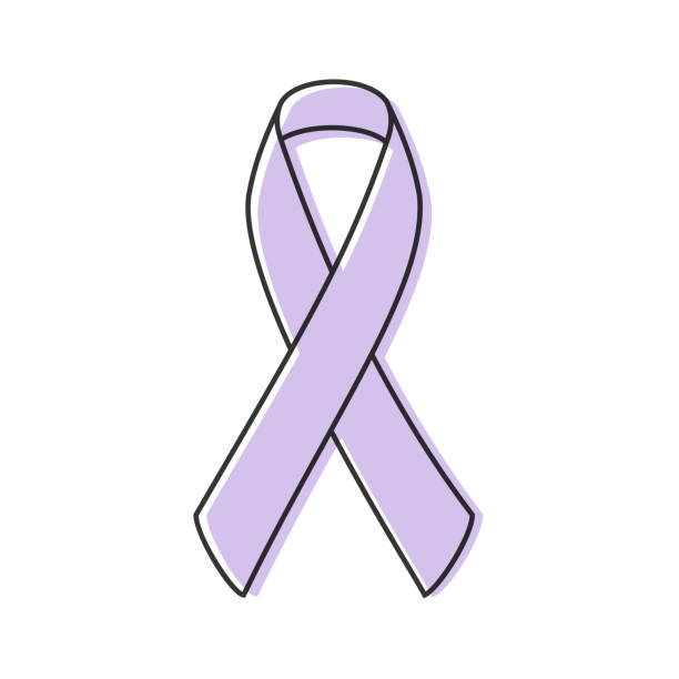 awareness-menüband. schwarzer umriss. lavendelfarbe. alle arten von krebs. vektorillustration, flaches design - button sewing item purple isolated stock-grafiken, -clipart, -cartoons und -symbole