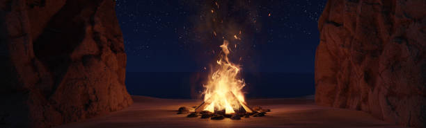 istock 3D rendering of big bonfire with sparks and particles in front of sea and cave 1448856445