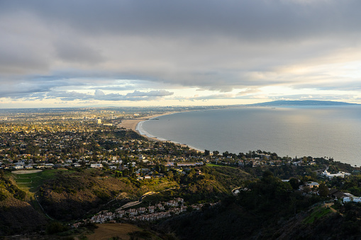Cloudy views of the Santa Monica bay and city of Los Angeles high up from the Santa Monica Mountains. Pictures taken while hiking and the clouds rolling in, getting ready to rain.