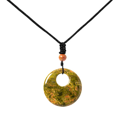 Necklace pendant made of unakite natural stone on a white isolated background. Isoteric, protection