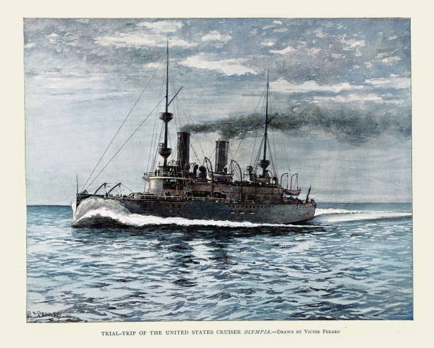 Vintage illustration of USS Olympia (C-6) a protected cruiser that saw service in the United States Navy