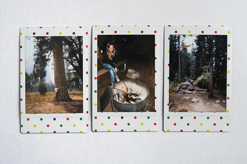 Travel memories concept - Polaroid photos from a camping trip