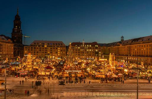 The famous Striezelmarkt in Dresden, Germany during the golden hour