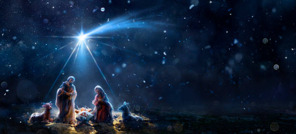 Nativity Of Jesus With Comet Star - Scene With The Holy Family In Snowy Night And Starry Sky Nativity Of Jesus With Comet Star - Scene With The Holy Family In Snowy Night And Starry Sky - Creche With Abstract Defocused Background bethlehem west bank stock pictures, royalty-free photos & images