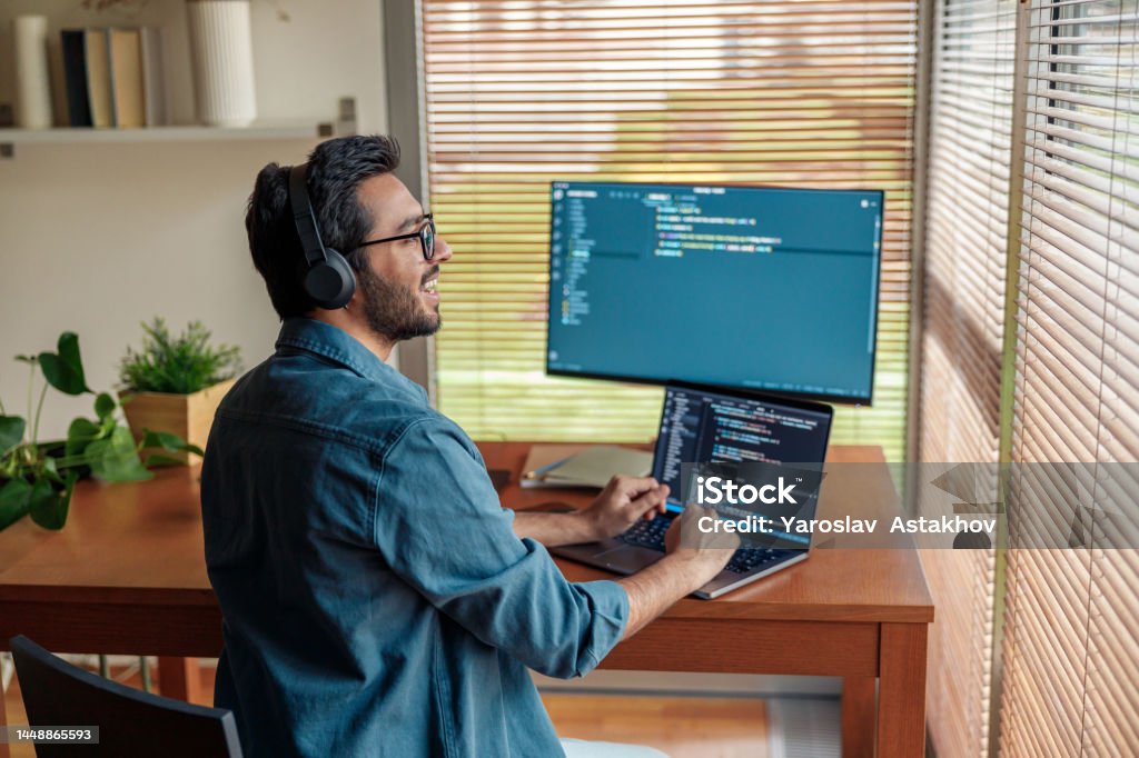 Male Freelancer Making New Project As Web Designer Or Programmer On His ...