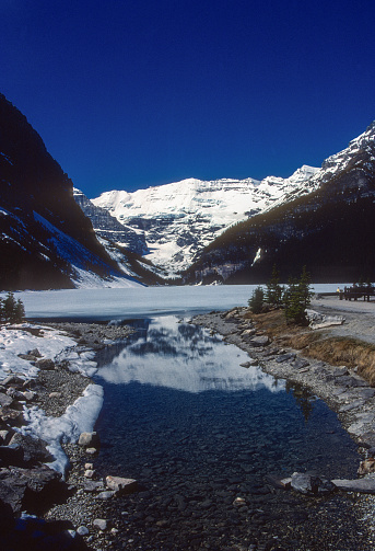 Banff National Park - Frozen Lake Louise & Mountain Reflection - 1985. Scanned from Kodachrome 25 slide.