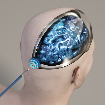 Cable connecting with electronic brain. Neural linking, human-machine interaction concept. The figure has been designed with Smith Micro Poser.