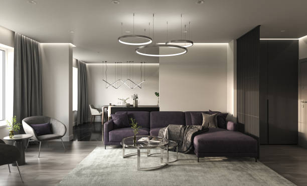 istock Lounge and double space living room with kitchen. Interior design and mock up wall background. 3d rendering interior design scene. 1448868704