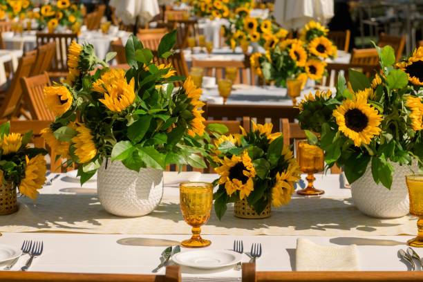 istock Beautiful shot of sunflower decorations and dinnerware on a table 1448868888