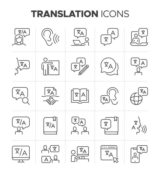 ilustraciones, imágenes clip art, dibujos animados e iconos de stock de traducir conjunto de iconos - traducción de idiomas y símbolos de intérprete - multilingual