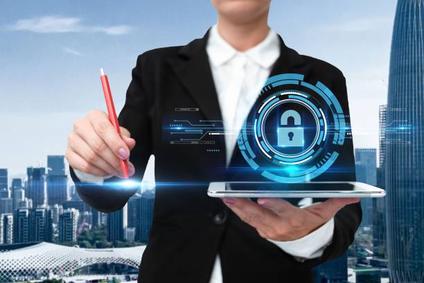 istock Woman Suit Writing On Screen Holding Tablet Showing Futuristic Technology. 1448873270