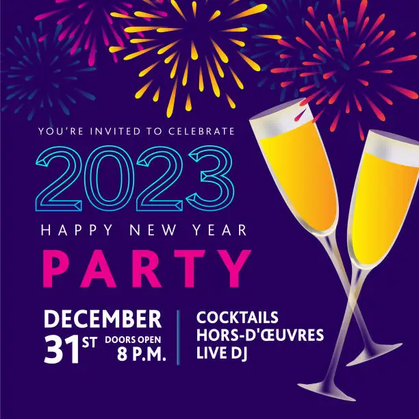 Vector illustration of Happy New Year 2023 party invitation design template in bright colors