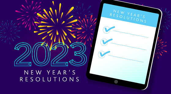 Vector illustration of a Happy New Year's resolution 2023 greeting card banner design in Vibrant colors. Easy to edit with layers. Fireworks on dark blue black background.