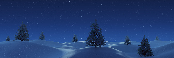 3D rendering of wavy snow landscape with white spruce trees in front of starry sky at night