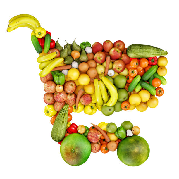 istock Shopping cart made of fruit and vegetable. Render 3D 1448878849