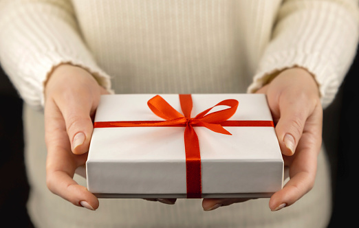 White gift box with red ribbon in beautiful female hands. Holiday concept.