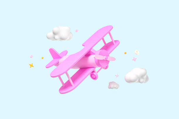 istock Pink Cartoon Airplane in sky on pastel blue color background. Flat lay design.  Creative layout on pastel blue background. 3d render 1448882271